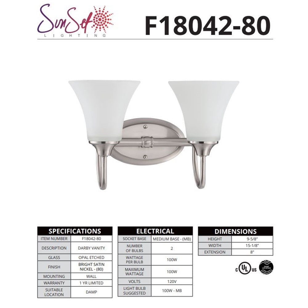Sunset Lighting 2Lt 100W Mb Darby Vanity Satin Nickel F18042-80