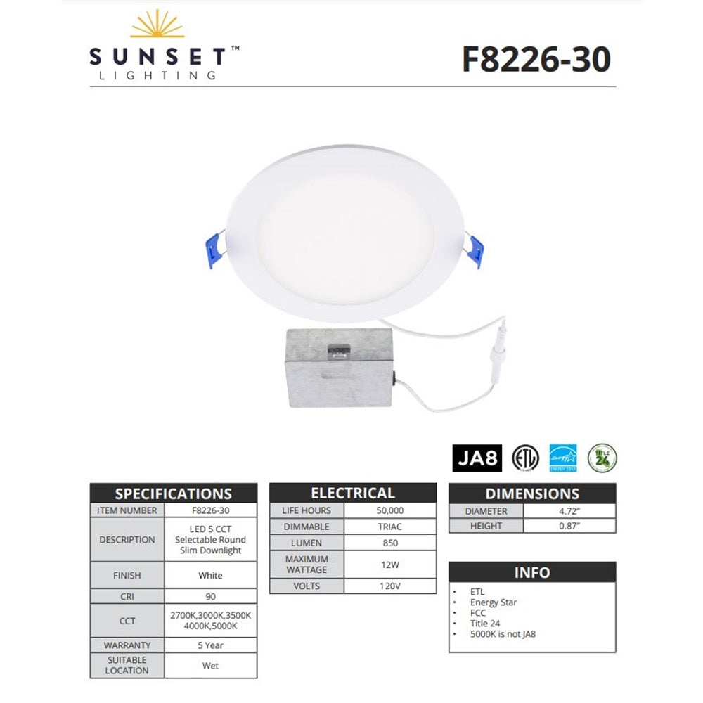 Sunset 5CCT Round LED Recessed Downlight 12W F8226-30